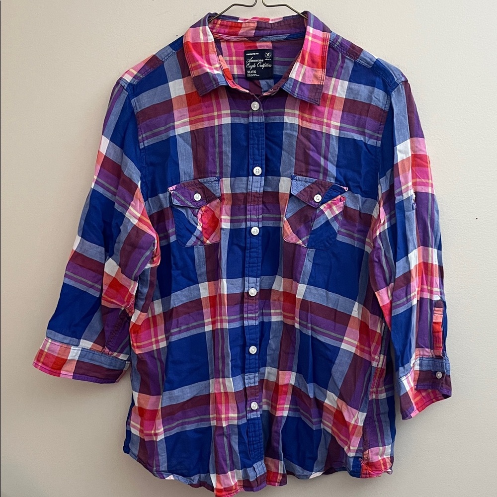 American Eagle Womens Favorite Fit Plaid Button Up Shirt Size Medium Sz XL